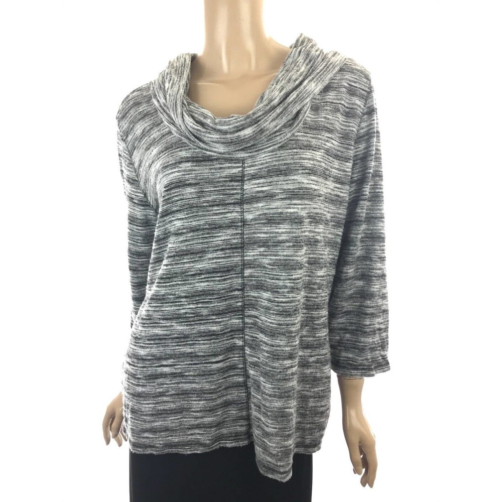 Hot Cotton Cowl Neck Top Shirt Size S Gray & White 3/4 Sleeve Soft Cotton